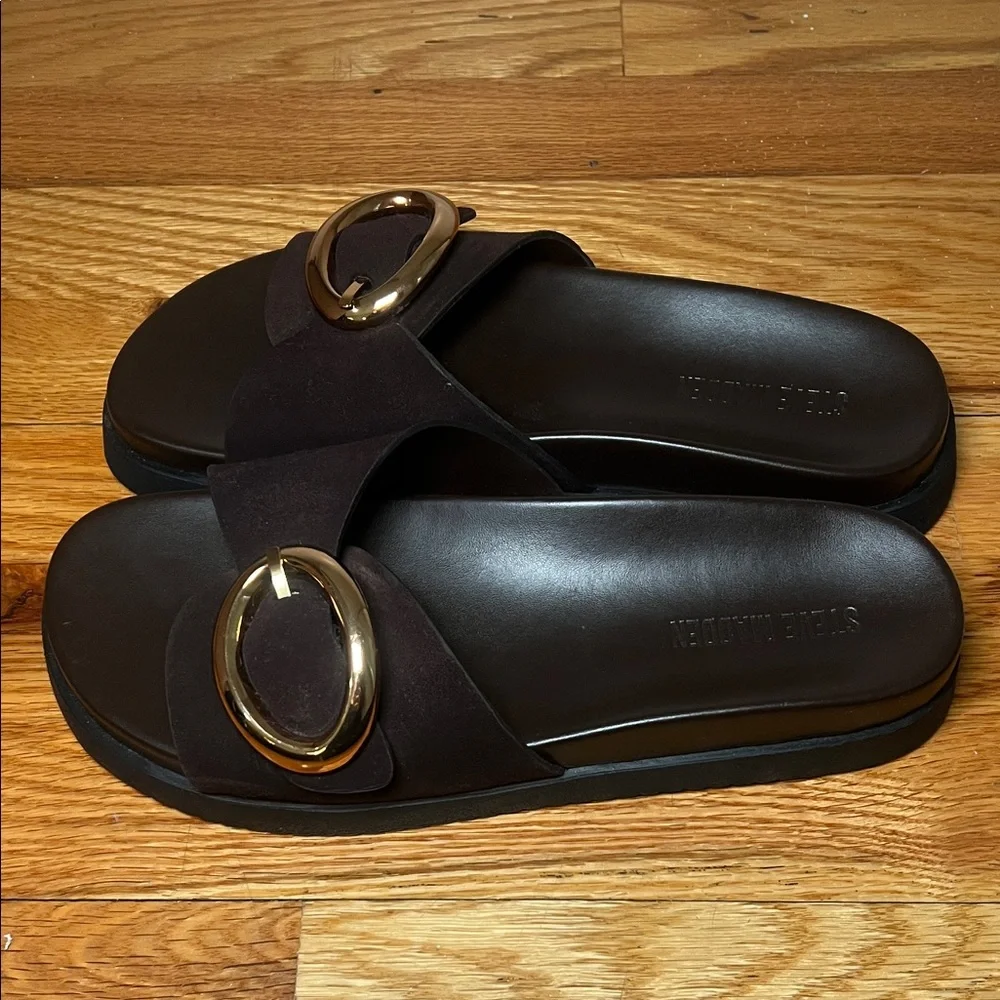 Steve Madden Brown Suede Sandals with Rose Gold Buckle - Picture 3 of 4